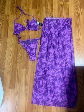 Fashion Nova Purple Floral Triangle Bikini Set with Sarong